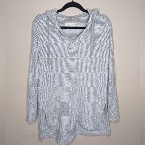 Lou & Grey for Loft Split Neck V-Neck Hoodie Soft Gray and White Stripes Size Sm